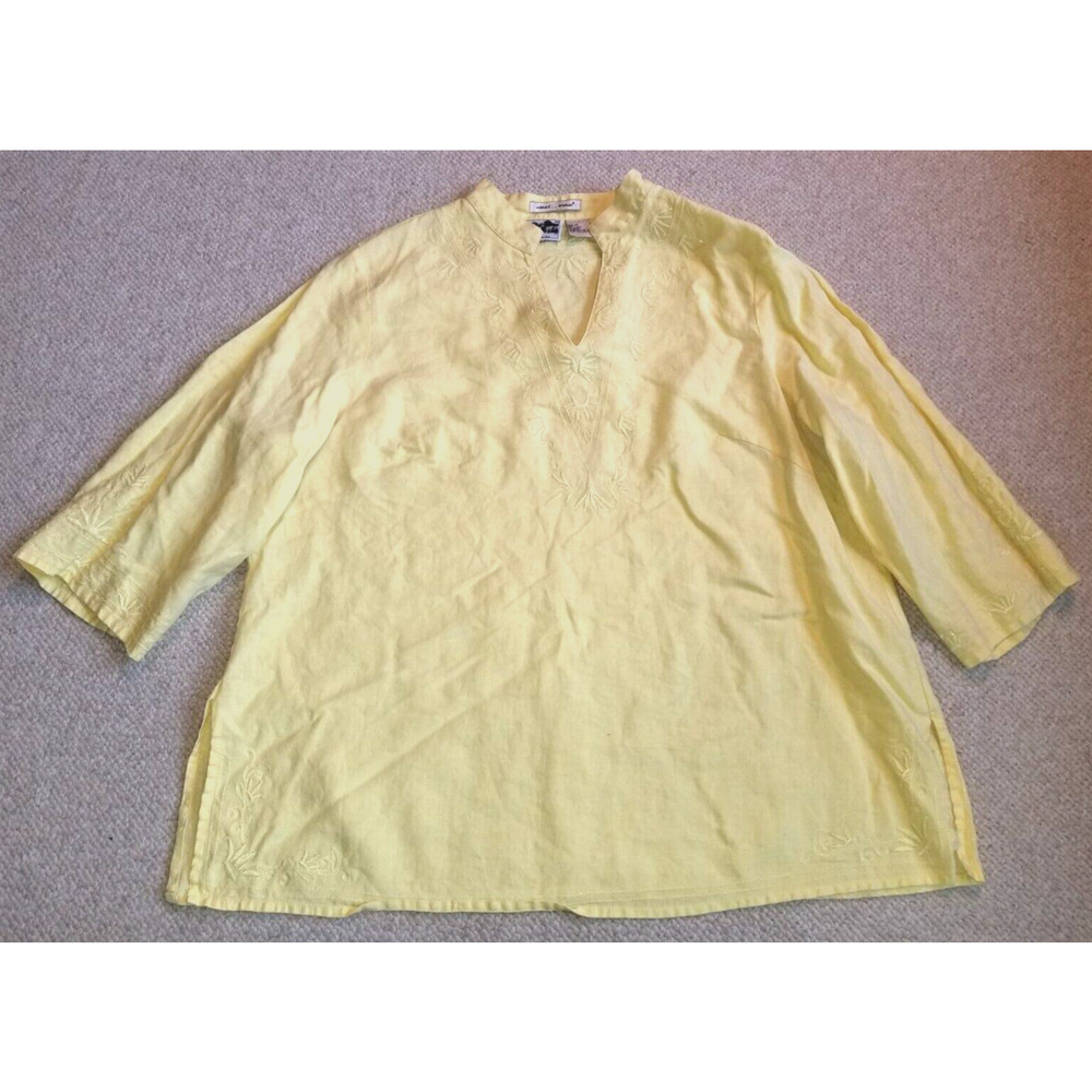 Womens Top-EDWARD-yellow 100% Irish linen tunic embroidered neckline 3/4 slv-1X